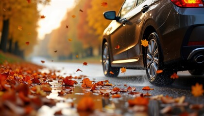 Automobile drives over wet autumn leaves. Fall season beauty, adventure. Road trip in autumn. Nature scenic drive. Rainy day travel. Moving vehicle. Colorful leaves on road. Autumnal beauty. Travel