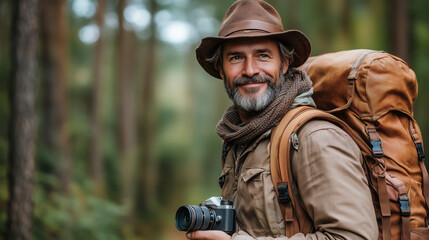 Obraz premium A tourist with a camera and backpack against the backdrop of a forest