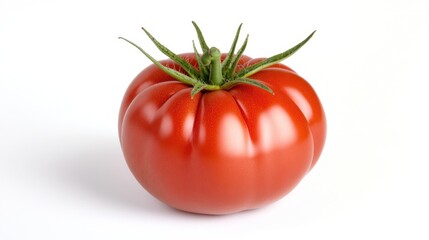 A fresh, ripe tomato with a glossy red surface and green stem.
