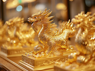 Chinese new year celebration decorative golden dragon and phoenix ornaments festive atmosphere close-up view cultural significance