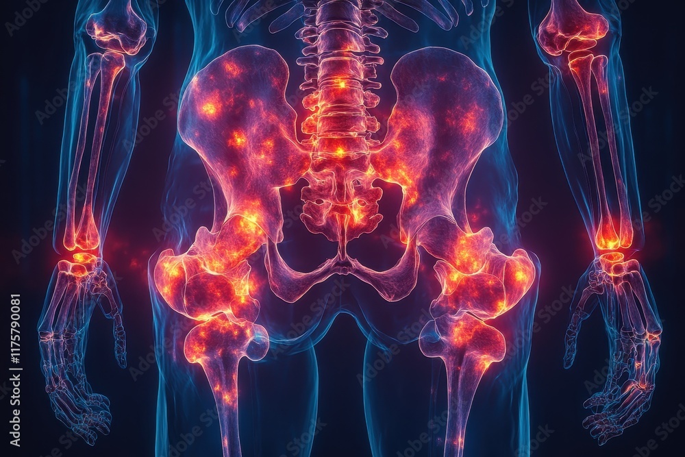 Poster visualization of human skeletal structure with highlighted joints and bones using advanced imaging t