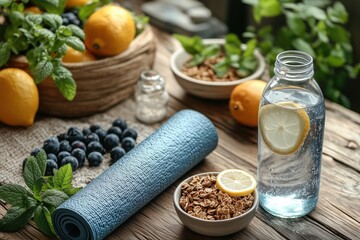 Fitness und gesunde Ern&auml;hrung mit Zitronenwasser und frischen Beeren