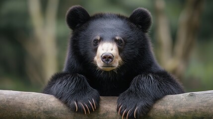 A black bear is standing on a tree branch and looking at the camera