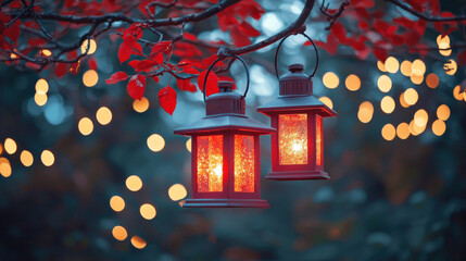 Chinesenewyear celebration red lanterns hanging from tree branches festive night cultural event enchanted forest magical atmosphere