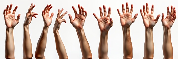 Various hand gestures of male arms shown. Different positions, hand shapes displayed in set of images. Arms, hands isolated on transparent background. Diverse poses showcase human anatomy, gestures.