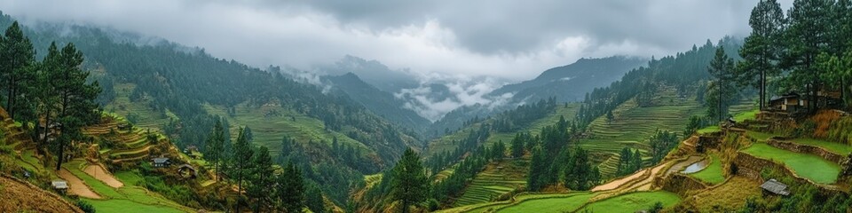 Obraz premium Breathtaking Scenic View of Majestic Mountain Valley with Lush Green Forests and Rolling Hills under Dramatic Cloudy Sky Perfect for Nature and Travel Enthusiasts