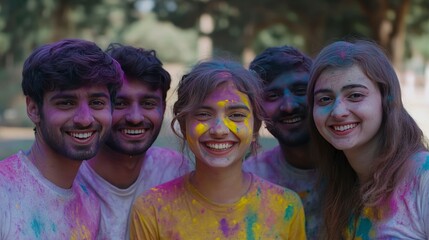 Group of children celebrating Holi or Color festival, covered in vibrant colors, looking at the camera with smiling faces. Holi bonfire Holika Dahan