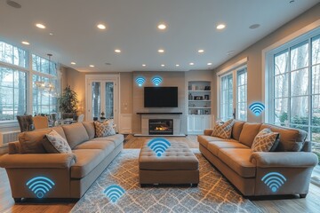 Cozy living room with modern decor and smart technology features for a comfortable atmosphere