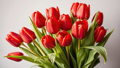 Fototapeta premium Red tulips bouquet against a plain background. Possible use Greeting card, poster, or website