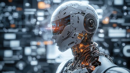 Fototapeta premium Futuristic Cyborg Portrait: Artificial Intelligence and Technological Advancement