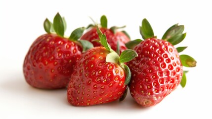 closeup of ripe red strawberries with green stems on white surface with water droplets bright look copyspace concept of fresh produce, nutrition, marketing
