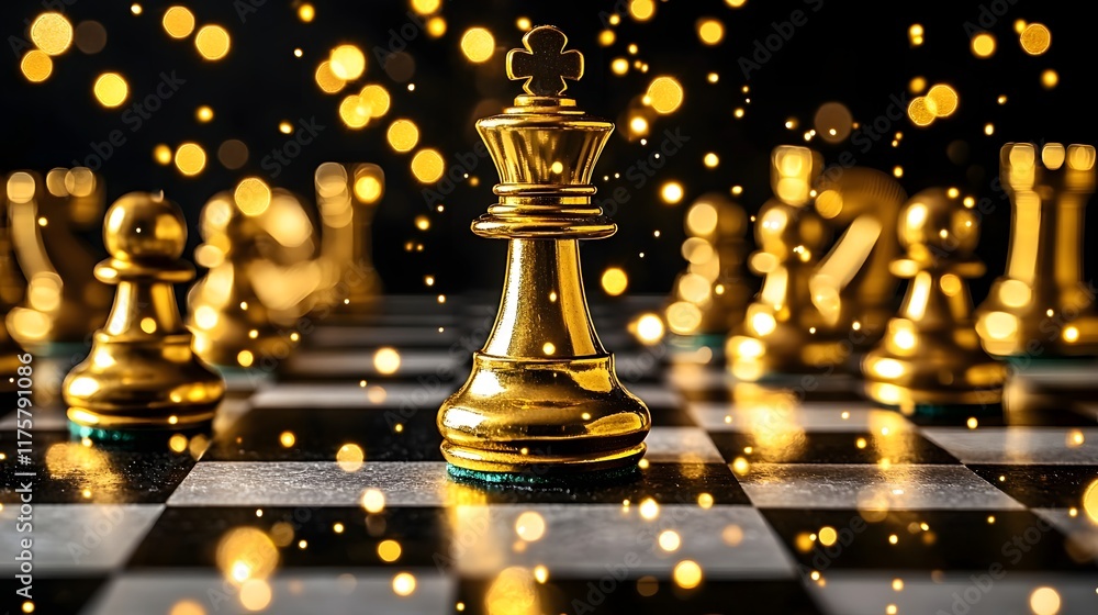 Poster close up view of a shiny golden chess piece on a chessboard representing the brilliance sophisticati
