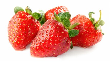 fresh red strawberries with leaves scattered on bright white background copyspace concept of healthy snack, organic food, kitchen inspiration
