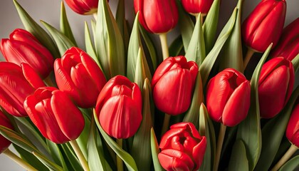 Fototapeta premium Red tulips bouquet close-up on gray background