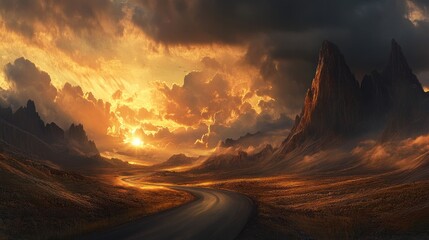 Fototapeta premium Dramatic sunset over winding road through mountainous landscape.