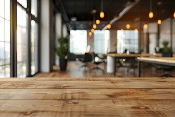 Modern office workspace with wooden table in focus, blurred background.