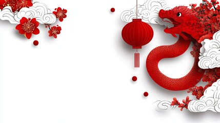 Chinese New Year 2025 banner and poster Includes a red snake silhouette flowers and Asian clouds on a white background Astrologythemed lunar calendar animal symbol