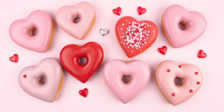 Heart-shaped donuts: A variety of heart-shaped donuts glazed in shades of pink and red icing, decorated with edible pearls, sugar crystals, and mini hearts