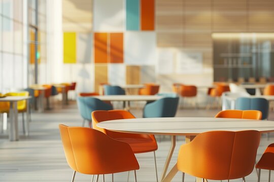 Modern office break room with orange and teal chairs