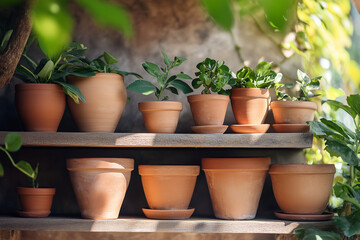 Fototapeta premium A set of stacked clay pots in different neutral tones, arranged artfully on a garden shelf