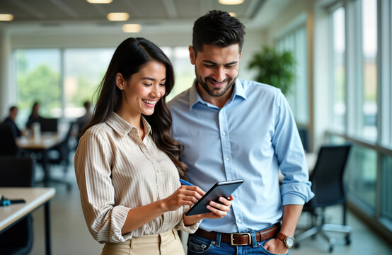 Happy Asian woman, Latin man colleagues working together on tablet in corporate office. Discussing financial market data. Office modern, well-lit. Team of business people collaborating on project.