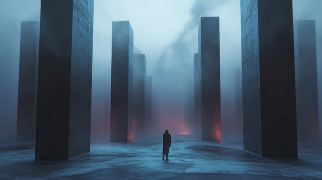 Solitary figure in a misty, futuristic, dystopian landscape with tall, dark structures and glowing embers.