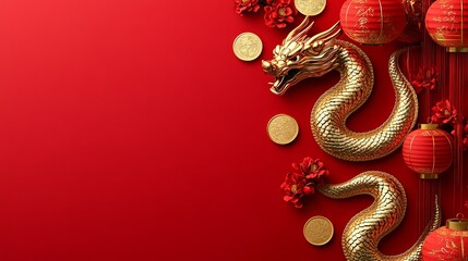 Greeting card for Happy Chinese New Year 2025 with snake zodiac Includes curtains lanterns flowers firecrackers and golden coins Lunar calendar animal for banner design