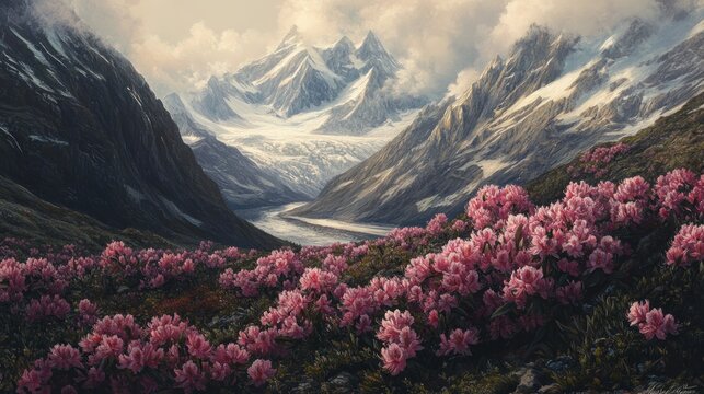 Majestic snow-capped mountains and vibrant pink rhododendron flowers blooming in a valley.