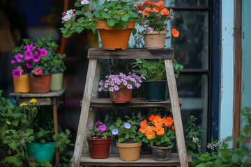 Naklejka premium A small wooden ladder repurposed as a plant stand, holding potted flowers in a variety of colors