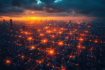 Fototapeta premium City illuminated by glowing lights at twilight showcasing a vibrant urban landscape