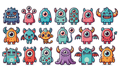 A playful vector set of colorful cartoon monsters with unique features like horns, wings, and multiple eyes, expressing various emotions and personalities.