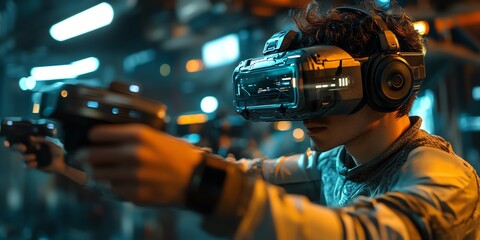 Immersive VR Gamer: Futuristic Cyberpunk-Style Virtual Reality Experience