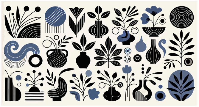 A decorative vector pattern featuring abstract floral and vase designs in black, blue, and beige tones, with geometric and organic shapes.