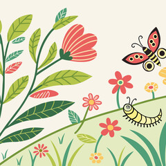 Beautiful floral background, panorama. Leaves, colorful flowers, caterpillars, butterflies. Bright spring and summer banner for cover social network, invitation, wedding, holiday. Vector illustration.