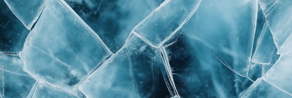 Poster a blue and white image of ice with a jagged, broken appearance. concept of fragility and vulnerabili