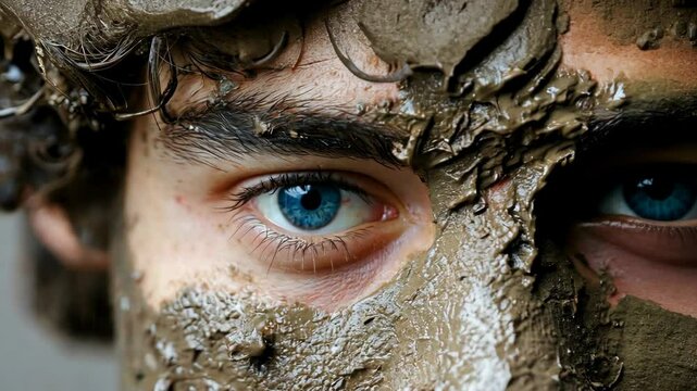 Young man with blue eyes covered in mud during a natural therapy session at a wellness retreat