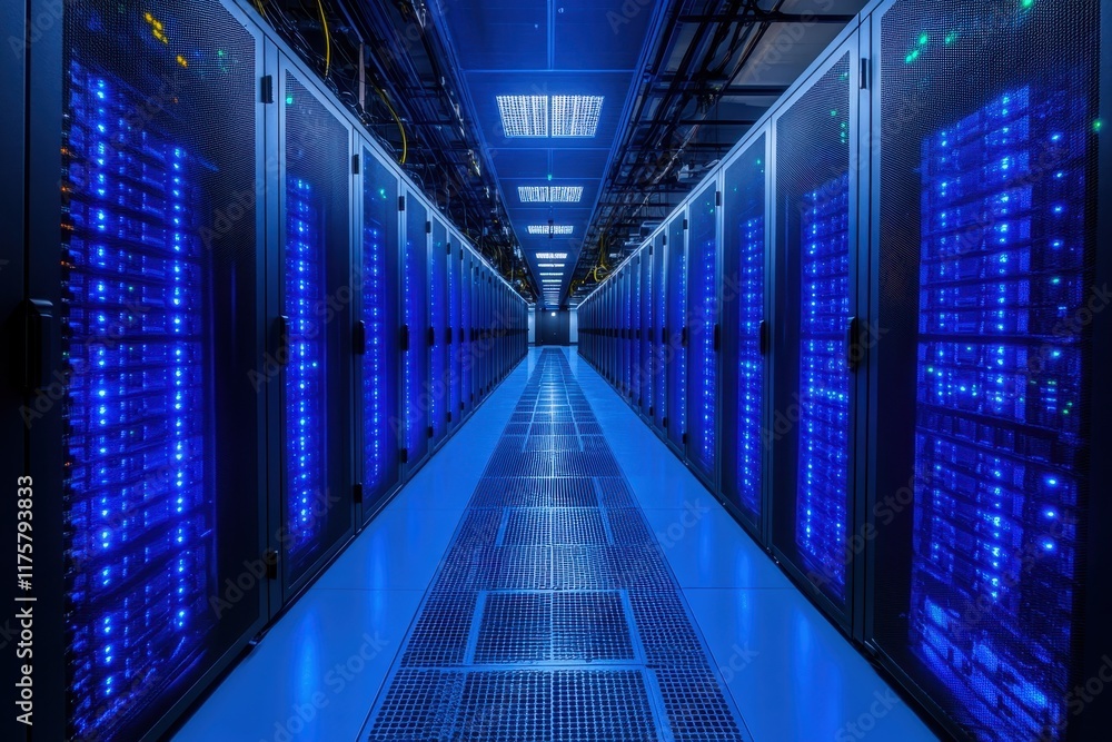 Poster advanced data center filled with servers displaying blue lights and a long corridor illuminated by o