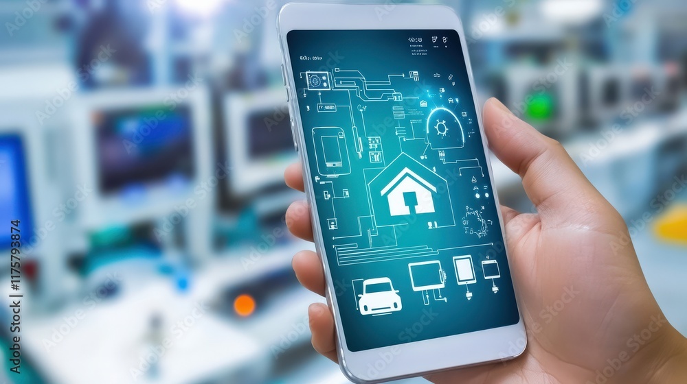 Aufkleber hand holding smartphone displaying smart home concept with connected devices and icons in a technolo
