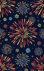 A vibrant seamless pattern featuring colorful fireworks bursting against a deep blue night sky.