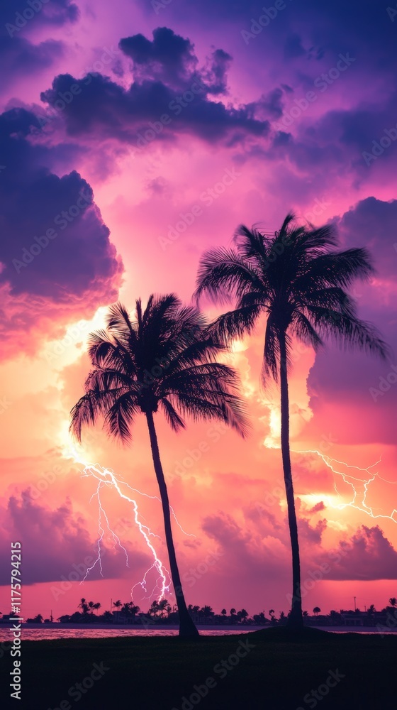 Poster lightning strikes illuminate the sky behind silhouetted palm trees during a vibrant tropical sunset 