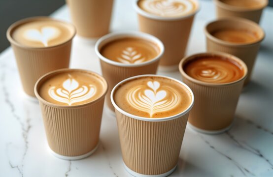 Collection of take away coffee cups. Latte art patterns visible on hot drinks. Variety of drinks available for customers. Likely in cafe coffee shop. Selection of different hot beverages displayed.