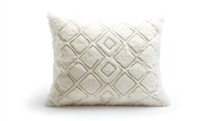 Obraz premium Cream faux fur throw pillow with embossed diamond pattern.