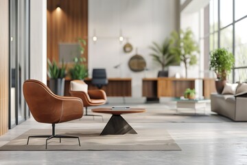Modern office waiting area with comfortable leather chairs and a wooden coffee table.