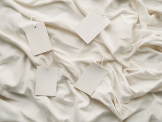 Obraz premium Four blank white tags on crumpled white fabric.