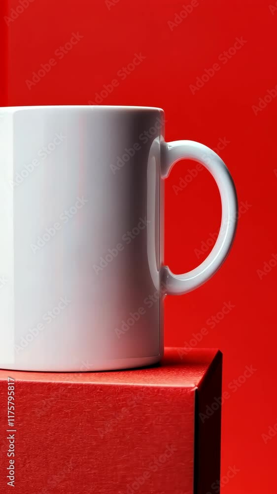 Poster Blank white mug placed on red cube against a vibrant red background creates a bold visual contrast in a minimalist setting