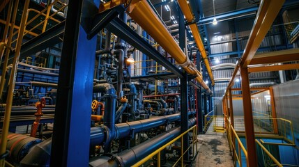 Naklejka premium Industrial Plant Interior: Complex Network of Pipes and Steel Structures in a Modern Factory Setting