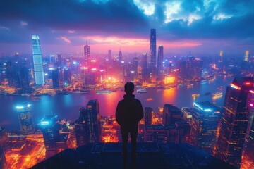 Stunning skyline view of Shanghai at twilight with a silhouetted figure enjoying the vibrant city lights