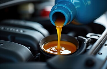 Closeup of oil pouring into car engine. Fresh lubricant flows into engine oil pan. Maintenance work on vehicle. Mechanic pouring oil into motor. Car parts visible. Auto repair service. Industrial