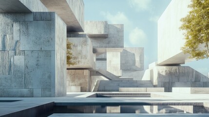 Modern concrete architecture with pools and trees under a bright sky.