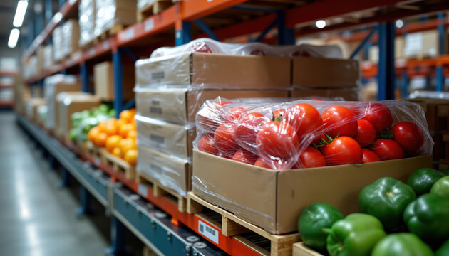 Warehouse interior shows food products stored on pallets, shelves. Packed tomatoes, produce visible. Boxes, crates neatly organized. Logistics, efficient storage of items evident. Food distribution